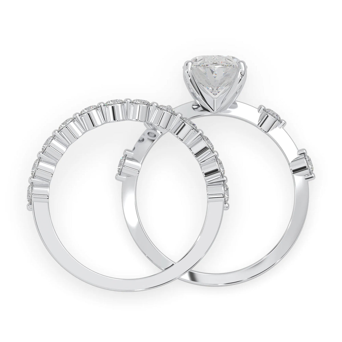oval lab grown diamond pave wedding bridal ring set with sparkling round diamonds along the band in white gold