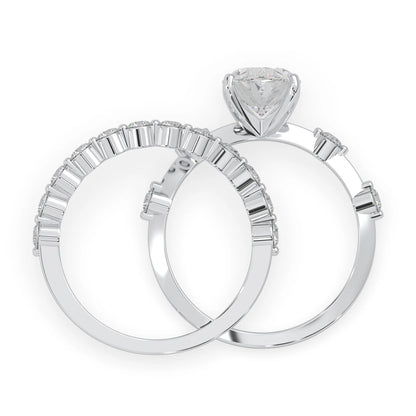 oval lab grown diamond pave wedding bridal ring set with sparkling round diamonds along the band in white gold