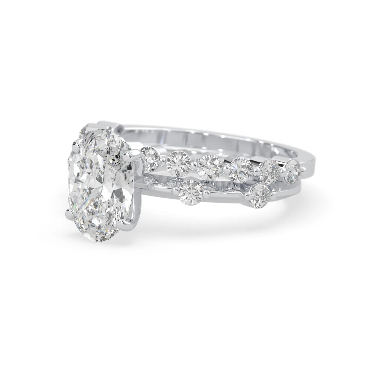 oval lab grown diamond pave wedding bridal ring set with sparkling round diamonds along the band in white gold