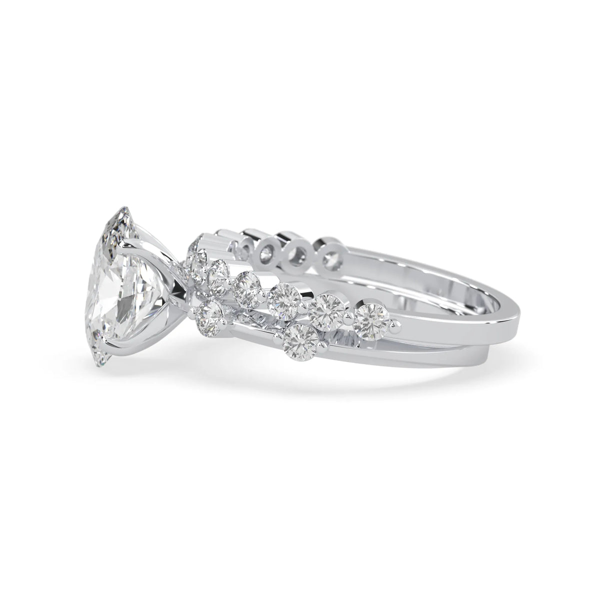 oval lab grown diamond pave wedding bridal ring set with sparkling round diamonds along the band in white gold