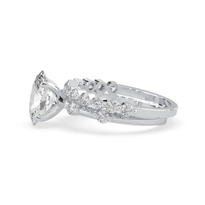 oval lab grown diamond pave wedding bridal ring set with sparkling round diamonds along the band in white gold