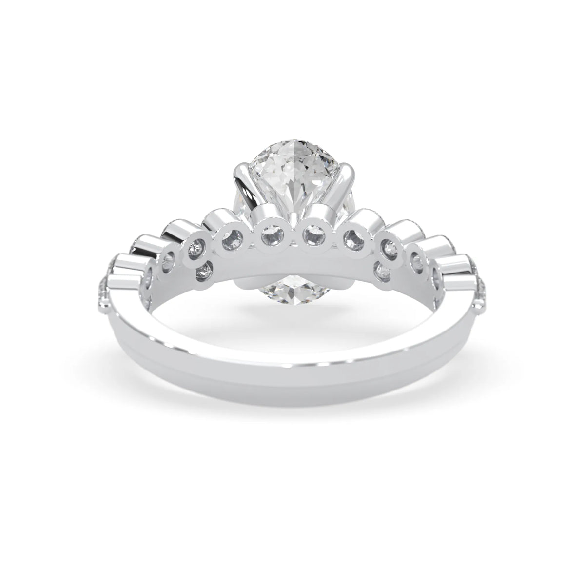 oval lab grown diamond pave wedding bridal ring set with sparkling round diamonds along the band in white gold