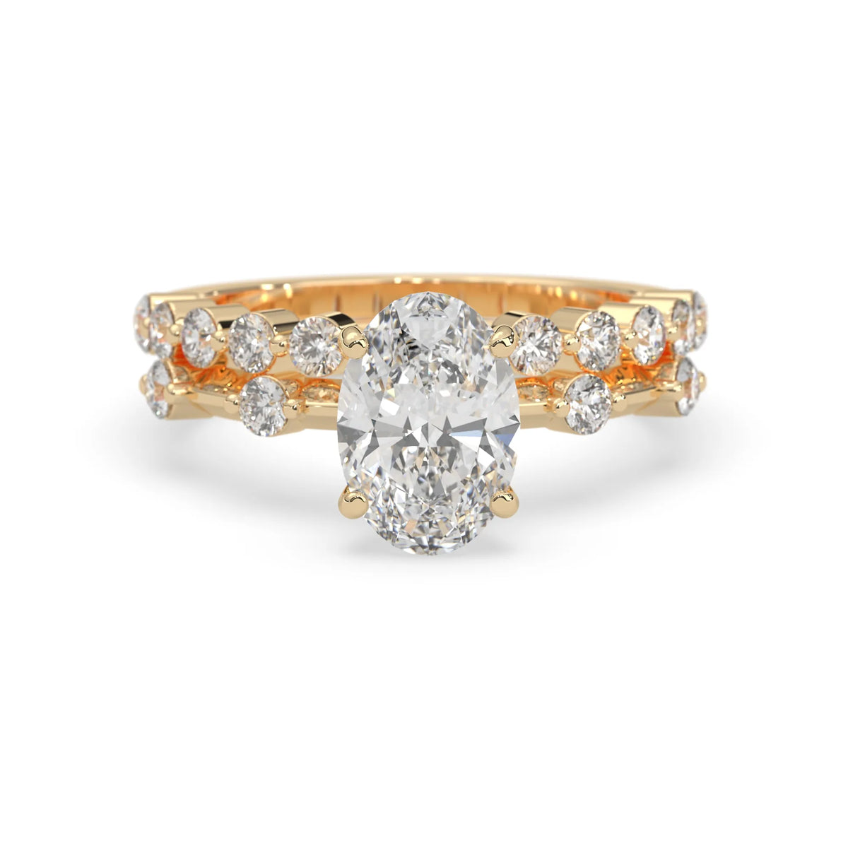 oval lab grown diamond pave wedding bridal ring set with sparkling round diamonds along the band in yellow gold