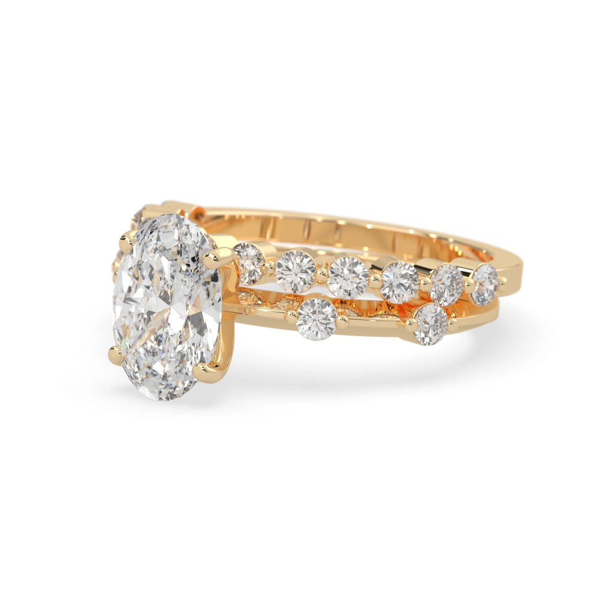oval lab grown diamond pave wedding bridal ring set with sparkling round diamonds along the band in yellow gold
