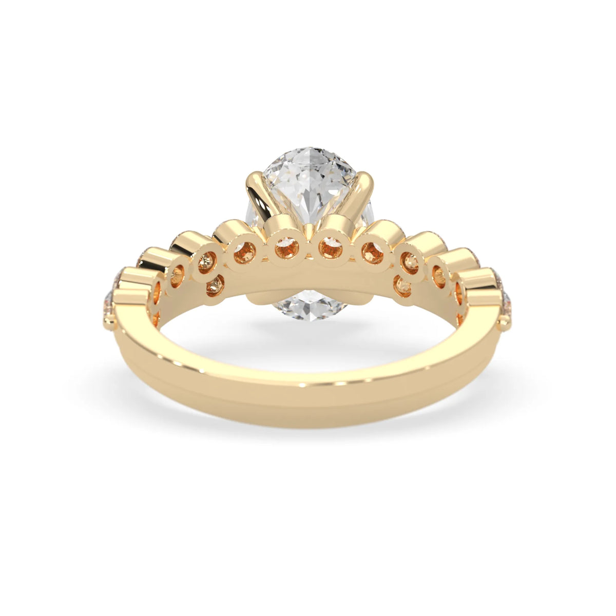 oval lab grown diamond pave wedding bridal ring set with sparkling round diamonds along the band in yellow gold