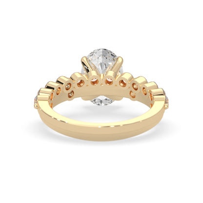 oval lab grown diamond pave wedding bridal ring set with sparkling round diamonds along the band in yellow gold