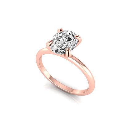 Oval lab grown diamond solitaire engagement ring featuring a 1.86 carat IGI certified oval diamond in a classic four-prong rose gold setting.