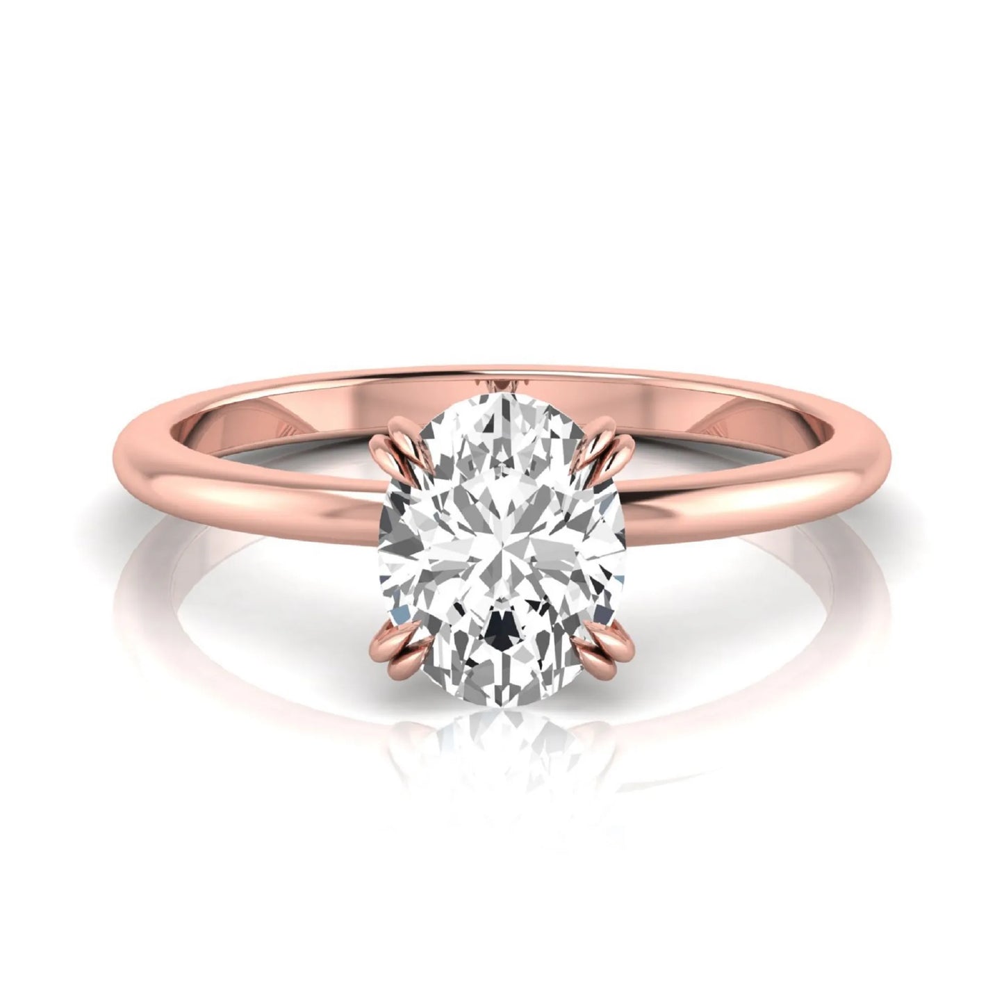 Oval lab grown diamond solitaire engagement ring featuring a 1.86 carat IGI certified oval diamond in a classic four-prong rose gold setting.