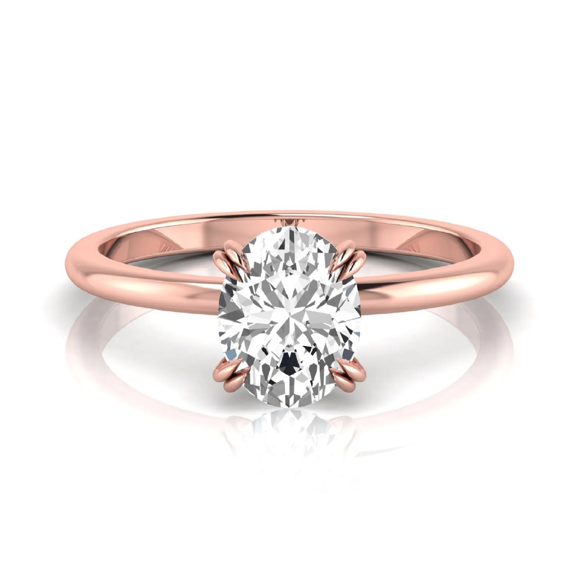 Oval lab grown diamond solitaire engagement ring featuring a 1.86 carat IGI certified oval diamond in a classic four-prong rose gold setting.
