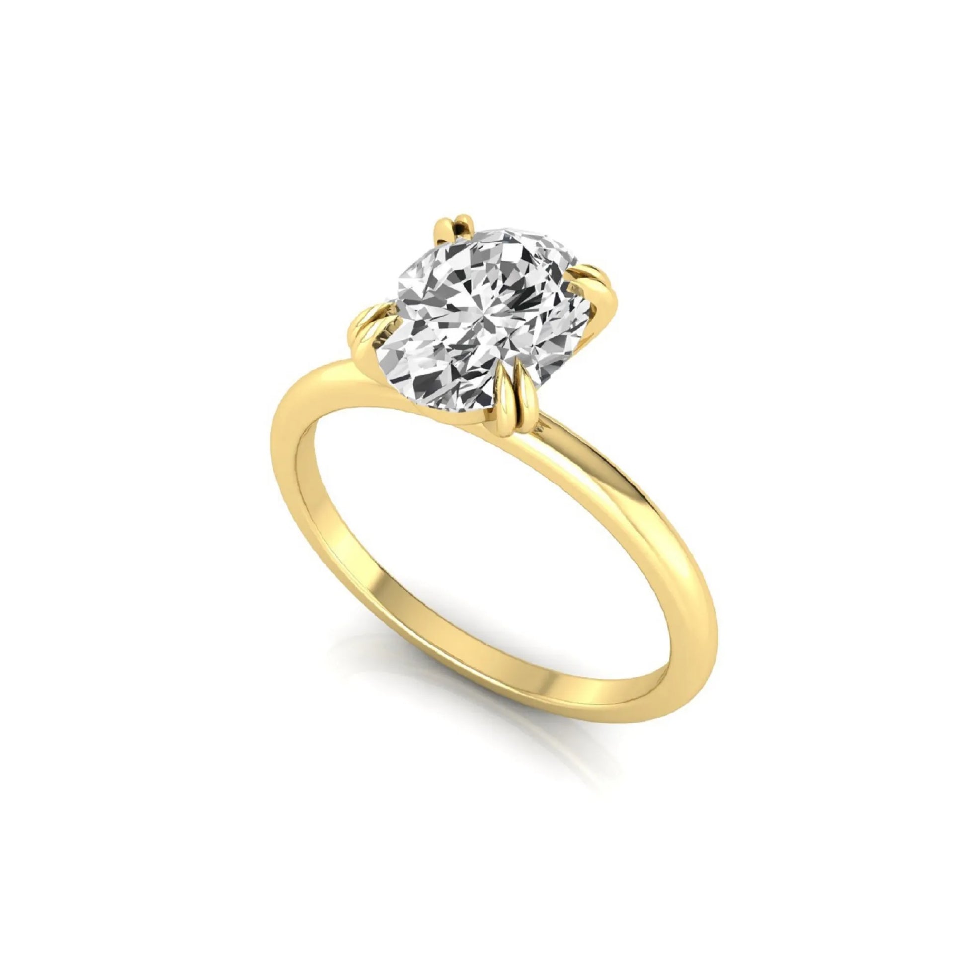 Oval lab grown diamond solitaire engagement ring featuring a 1.86 carat IGI certified oval diamond in a classic four-prong yellow gold setting.