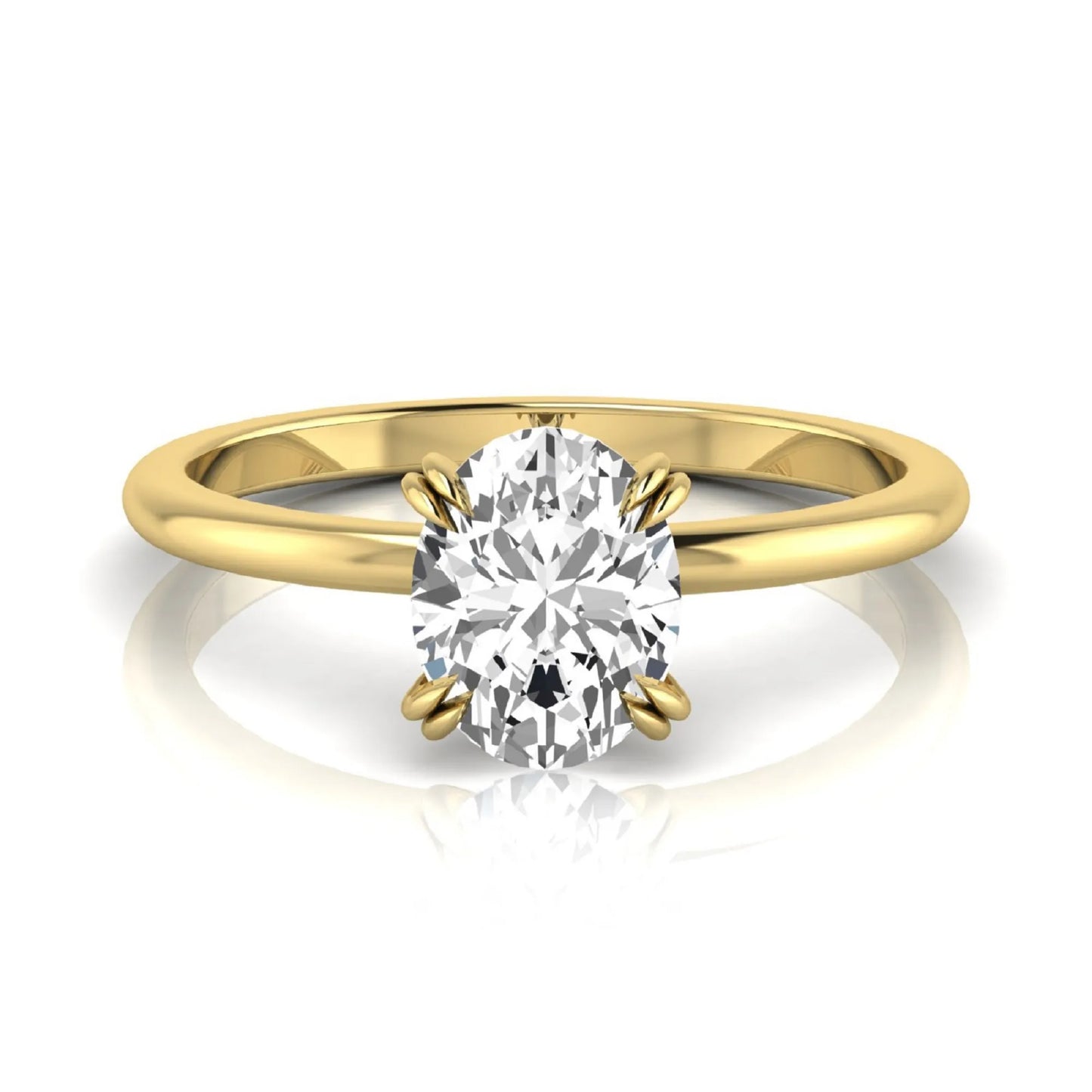Oval lab grown diamond solitaire engagement ring featuring a 1.86 carat IGI certified oval diamond in a classic four-prong yellow gold setting.