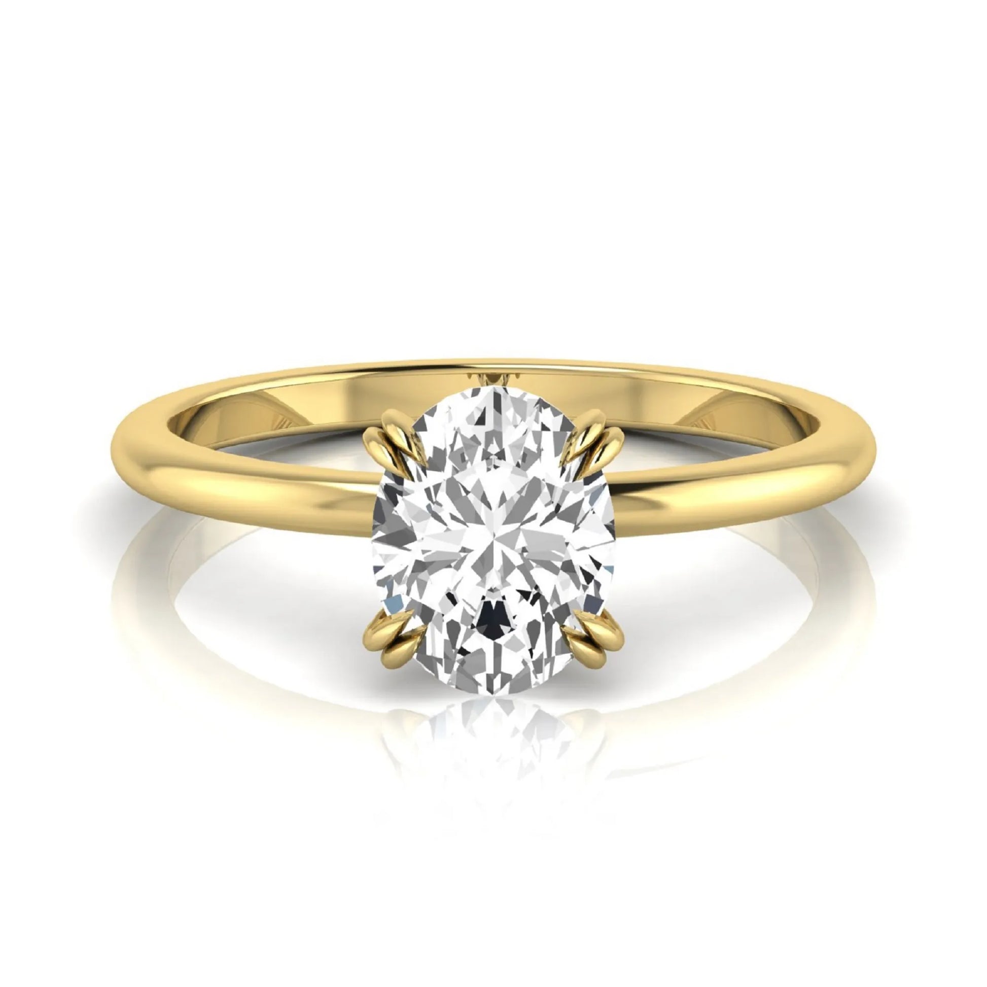 Oval lab grown diamond solitaire engagement ring featuring a 1.86 carat IGI certified oval diamond in a classic four-prong yellow gold setting.