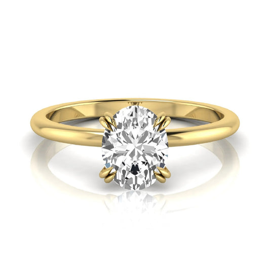 Oval lab grown diamond solitaire engagement ring featuring a 1.86 carat IGI certified oval diamond in a classic four-prong yellow gold setting.