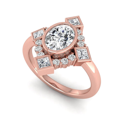Oval cut lab grown diamond engagement ring with princess and round diamond geometric halo in rose gold
