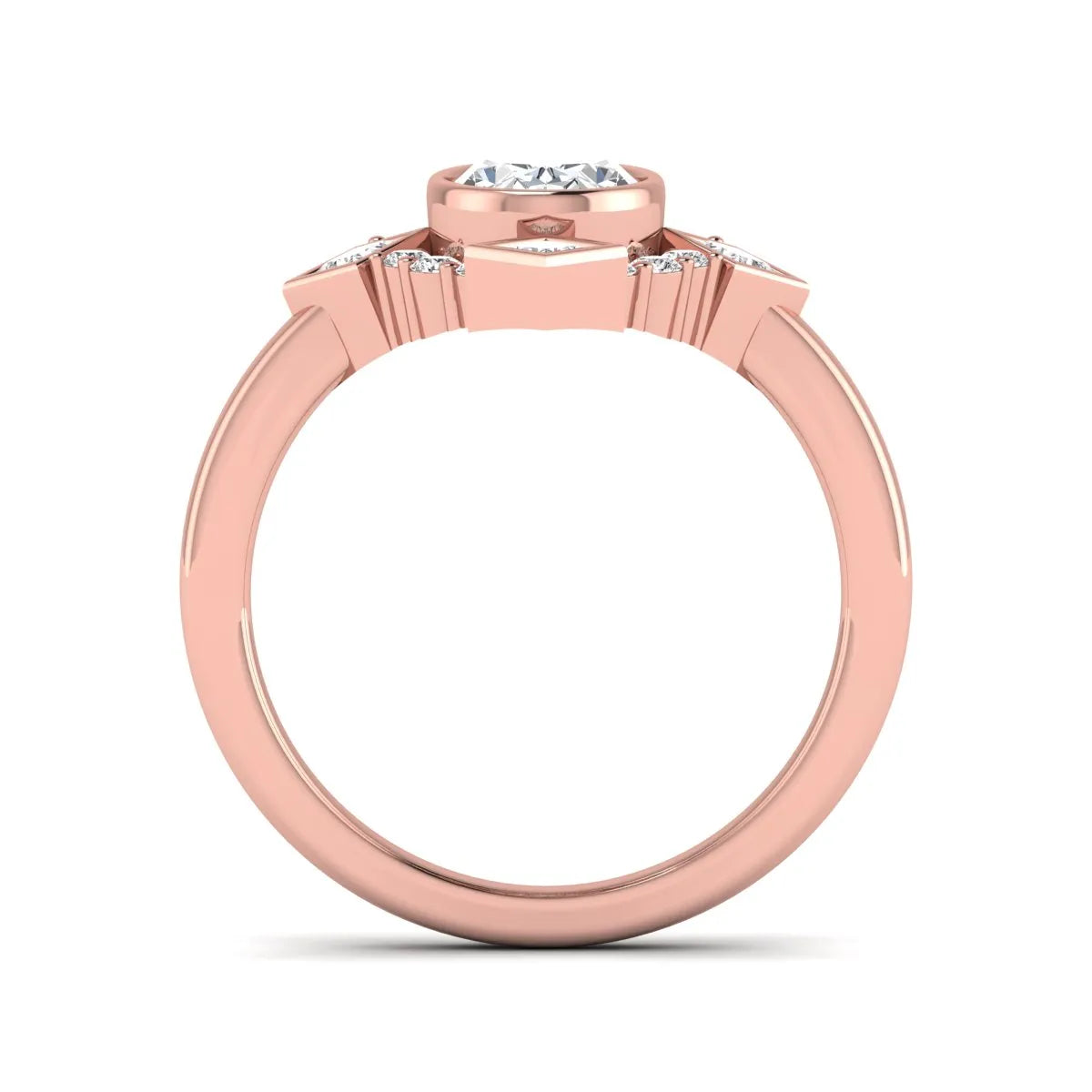 Oval cut lab grown diamond engagement ring with princess and round diamond geometric halo in rose gold