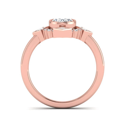 Oval cut lab grown diamond engagement ring with princess and round diamond geometric halo in rose gold