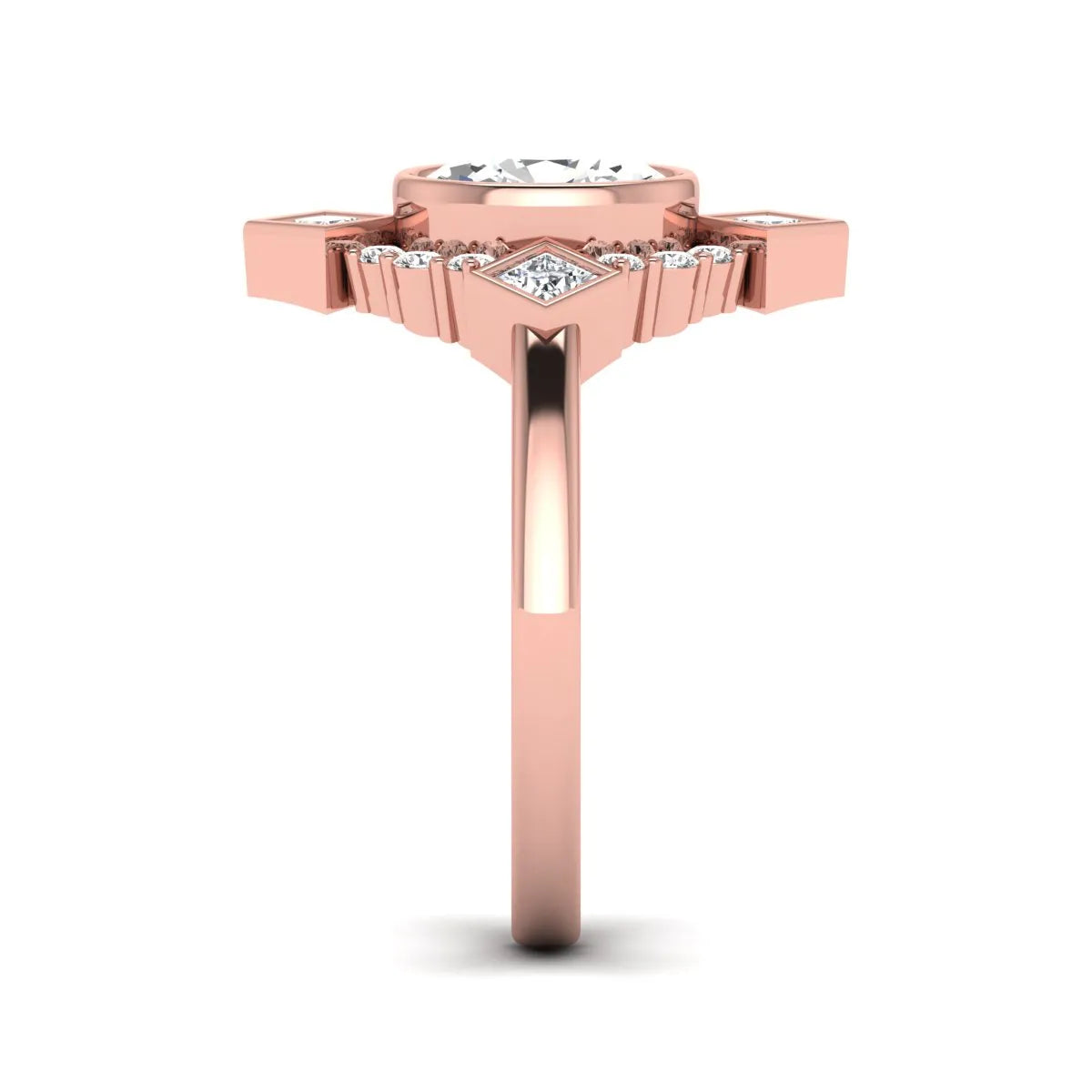 Oval cut lab grown diamond engagement ring with princess and round diamond geometric halo in rose gold