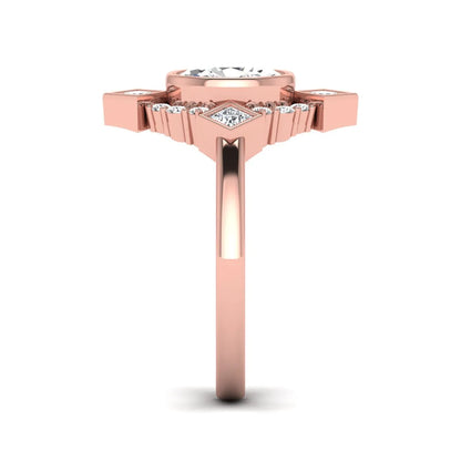 Oval cut lab grown diamond engagement ring with princess and round diamond geometric halo in rose gold