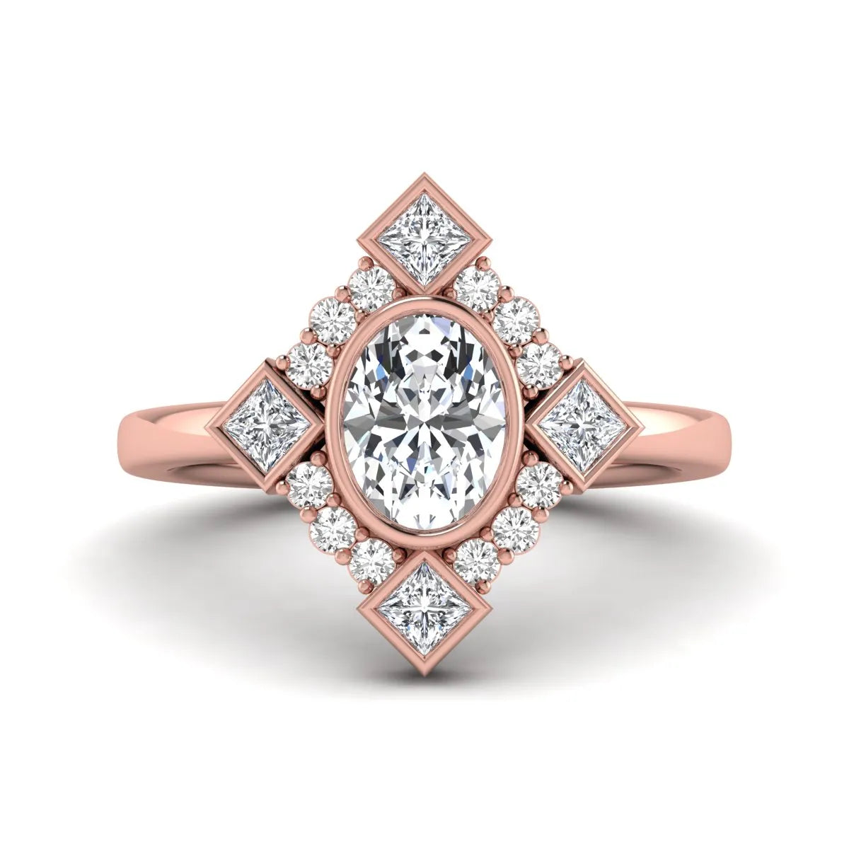 Oval cut lab grown diamond engagement ring with princess and round diamond geometric halo in rose gold