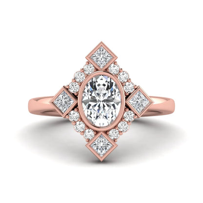 Oval cut lab grown diamond engagement ring with princess and round diamond geometric halo in rose gold