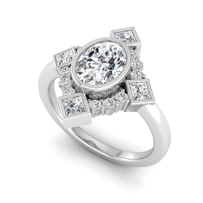 Oval cut lab grown diamond engagement ring with princess and round diamond geometric halo in white gold