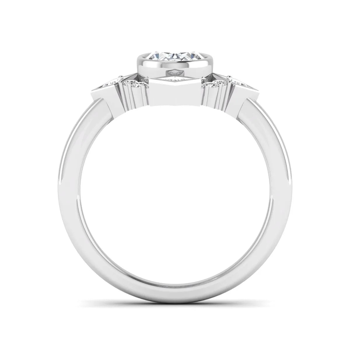 Oval cut lab grown diamond engagement ring with princess and round diamond geometric halo in white gold