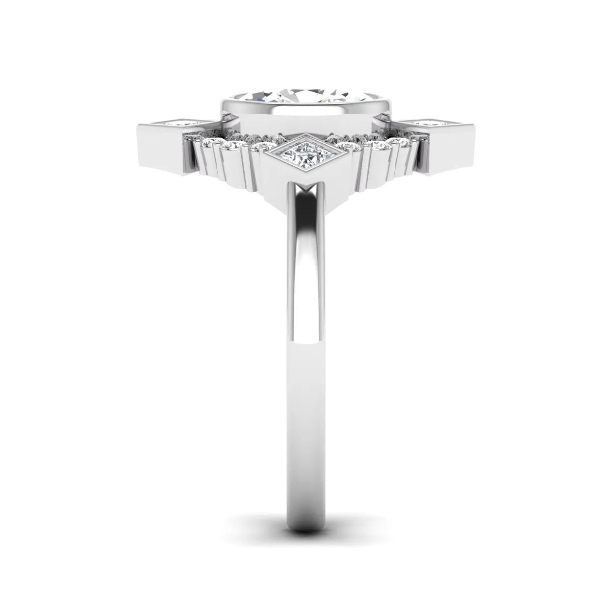 Oval cut lab grown diamond engagement ring with princess and round diamond geometric halo in white gold