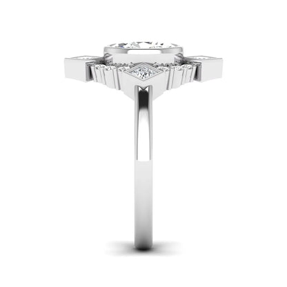Oval cut lab grown diamond engagement ring with princess and round diamond geometric halo in white gold