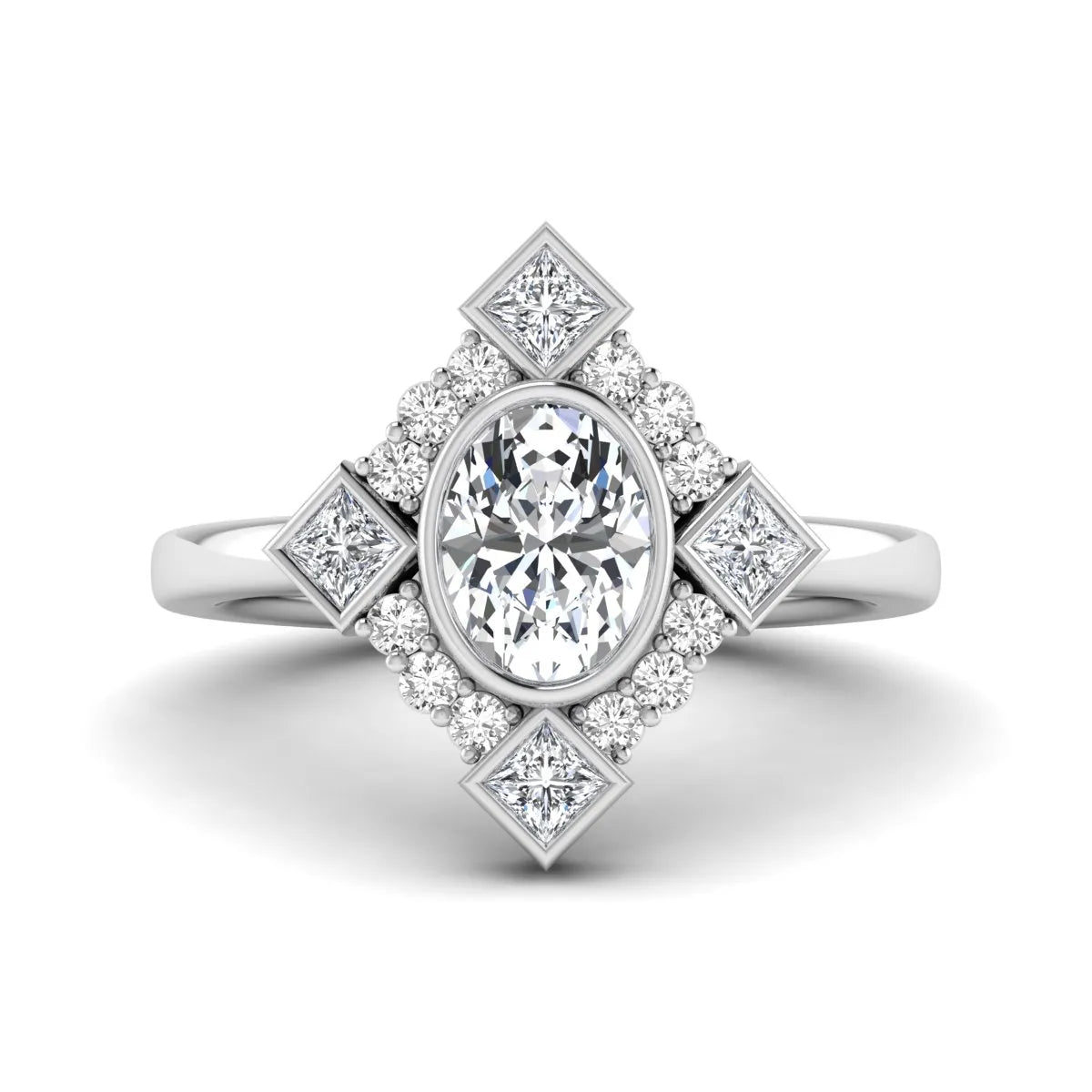 Oval cut lab grown diamond engagement ring with princess and round diamond geometric halo in white gold