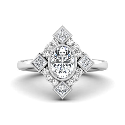 Oval cut lab grown diamond engagement ring with princess and round diamond geometric halo in white gold