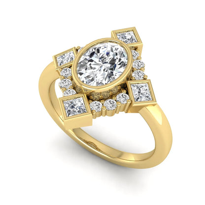 Oval cut lab grown diamond engagement ring with princess and round diamond geometric halo in yellow gold