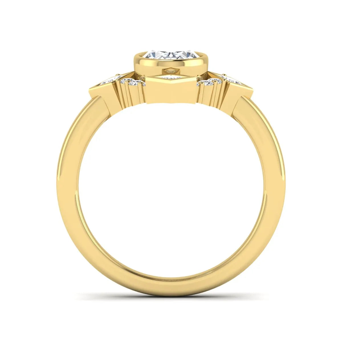 Oval cut lab grown diamond engagement ring with princess and round diamond geometric halo in yellow gold