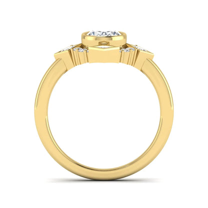 Oval cut lab grown diamond engagement ring with princess and round diamond geometric halo in yellow gold