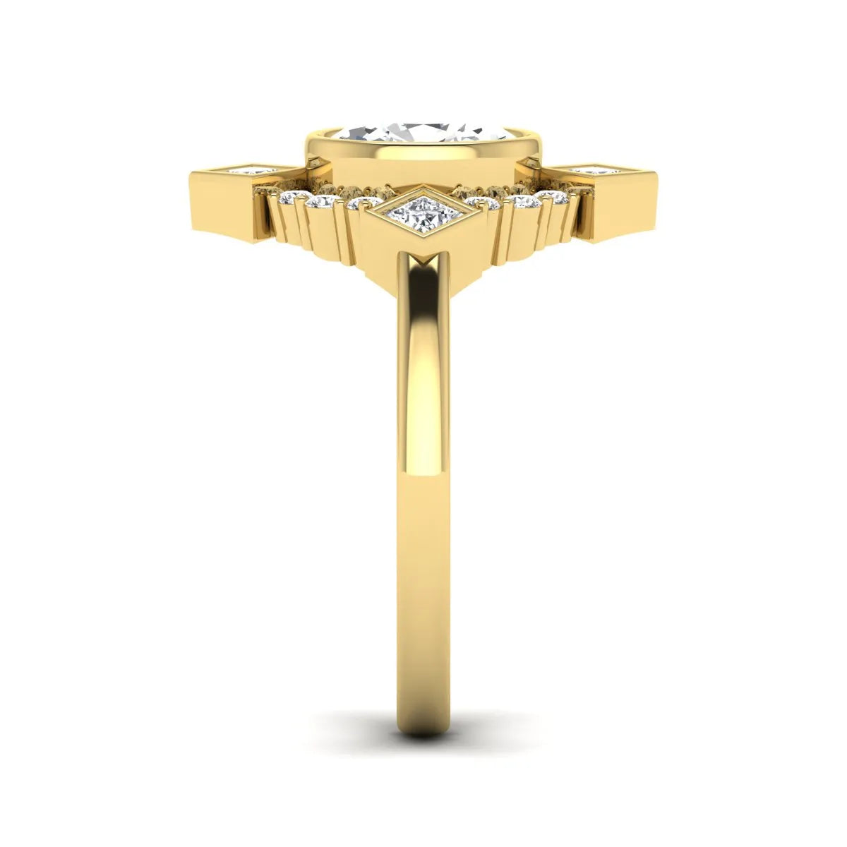 Oval cut lab grown diamond engagement ring with princess and round diamond geometric halo in yellow gold