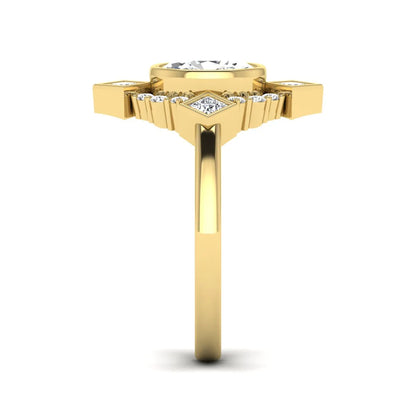 Oval cut lab grown diamond engagement ring with princess and round diamond geometric halo in yellow gold
