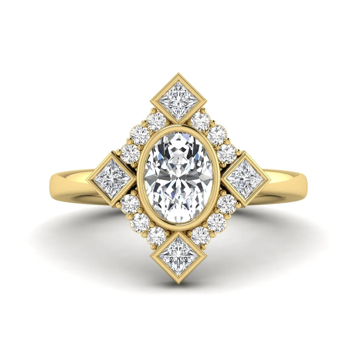 Oval cut lab grown diamond engagement ring with princess and round diamond geometric halo in yellow gold