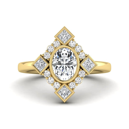 Oval cut lab grown diamond engagement ring with princess and round diamond geometric halo in yellow gold