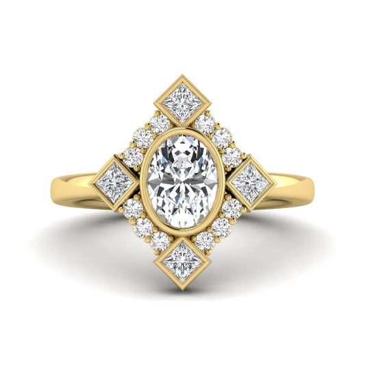 Oval cut lab grown diamond engagement ring with princess and round diamond geometric halo in yellow gold
