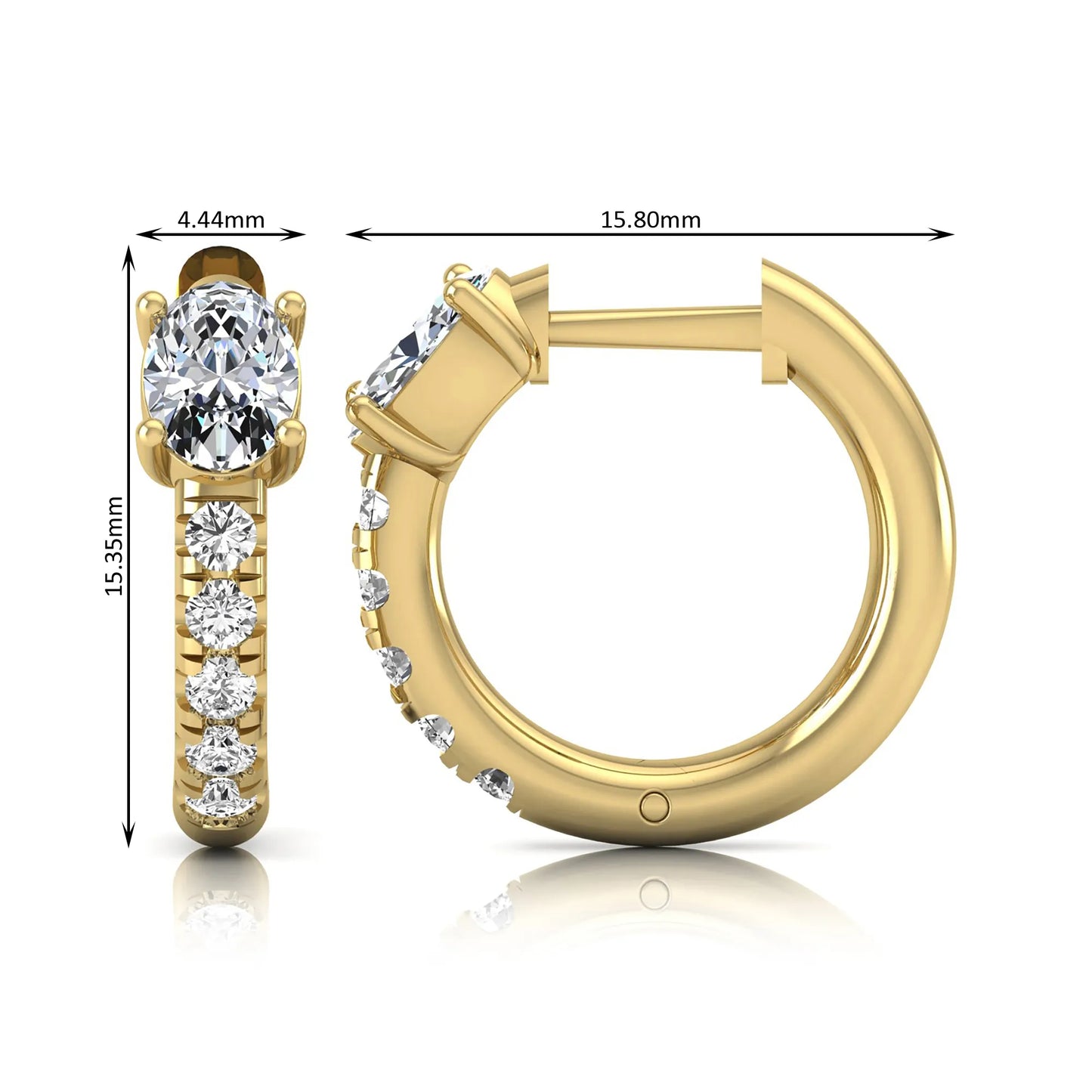 Oval cut lab grown diamond huggie hoop earrings featuring a four prong basket set center diamond with graduated round brilliant pavé diamonds on a yellow gold hoop.