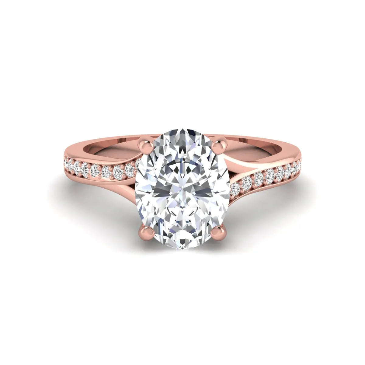 IGI Certified 1.86 carat Oval cut lab grown diamond solitaire engagement ring with round pave diamond band in rose gold.