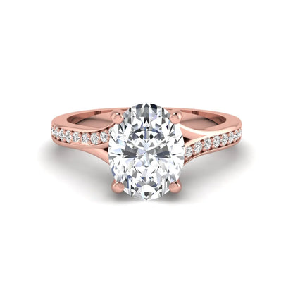 IGI Certified 1.86 carat Oval cut lab grown diamond solitaire engagement ring with round pave diamond band in rose gold.