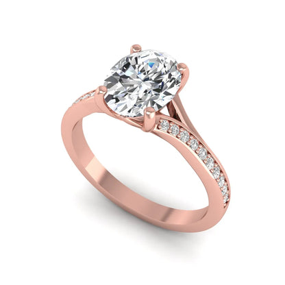 IGI Certified 1.86 carat Oval cut lab grown diamond solitaire engagement ring with round pave diamond band in rose gold.
