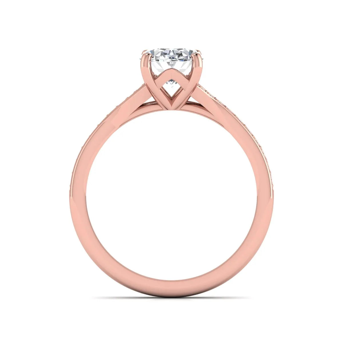 IGI Certified 1.86 carat Oval cut lab grown diamond solitaire engagement ring with round pave diamond band in rose gold.