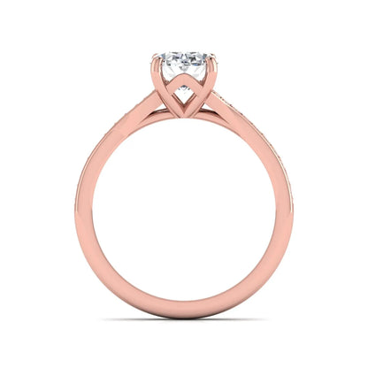 IGI Certified 1.86 carat Oval cut lab grown diamond solitaire engagement ring with round pave diamond band in rose gold.
