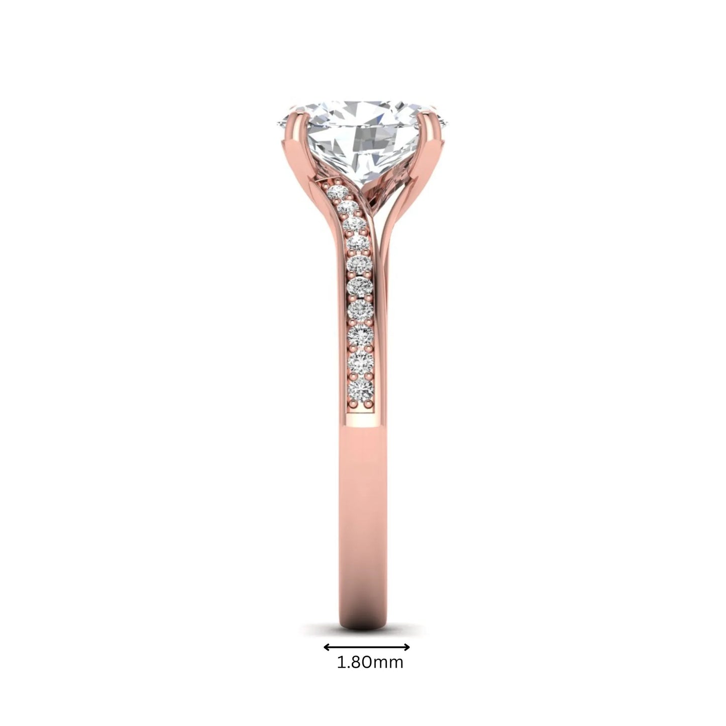 IGI Certified 1.86 carat Oval cut lab grown diamond solitaire engagement ring with round pave diamond band in rose gold.