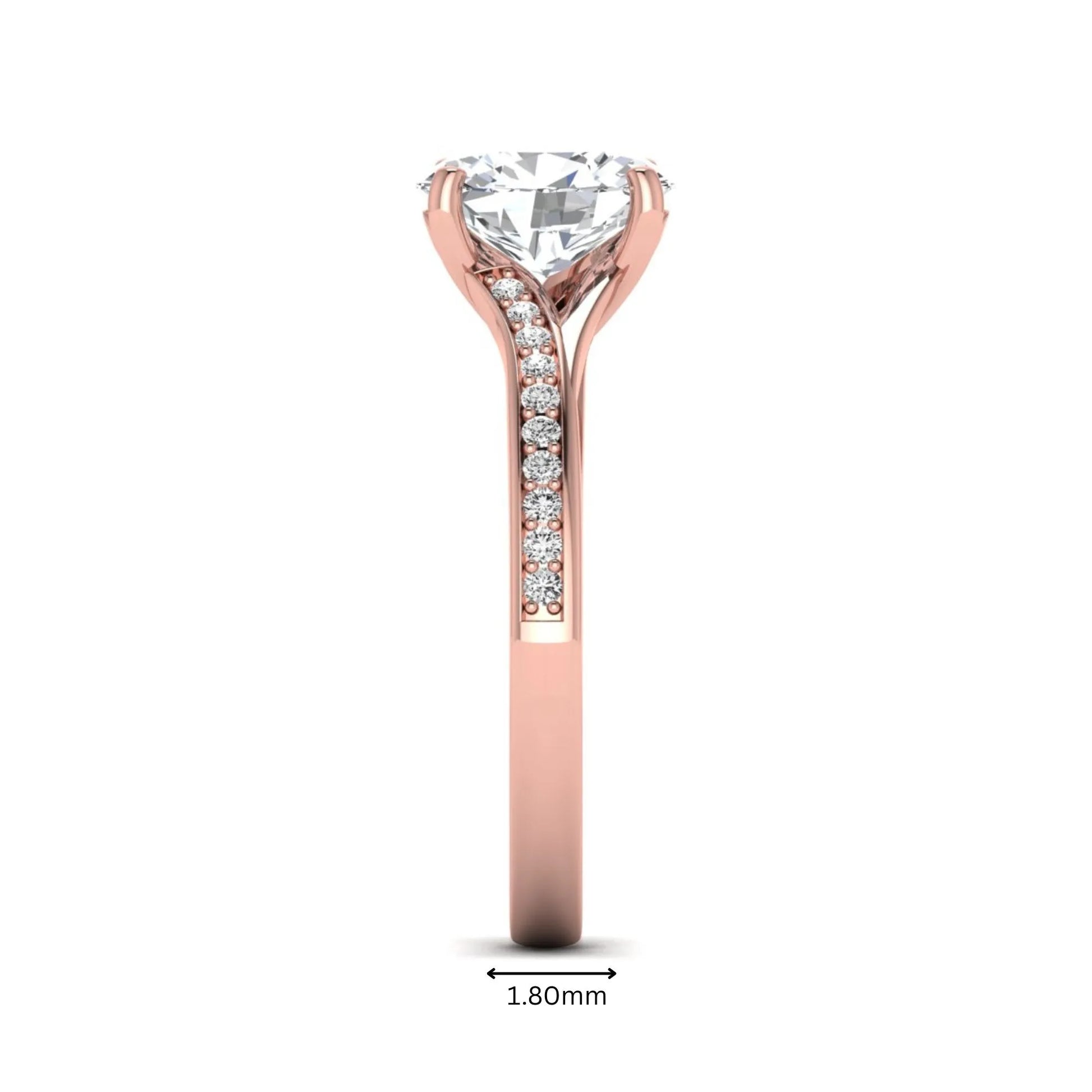 IGI Certified 1.86 carat Oval cut lab grown diamond solitaire engagement ring with round pave diamond band in rose gold.
