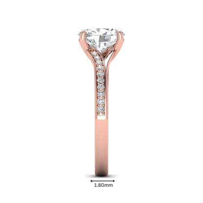 IGI Certified 1.86 carat Oval cut lab grown diamond solitaire engagement ring with round pave diamond band in rose gold.