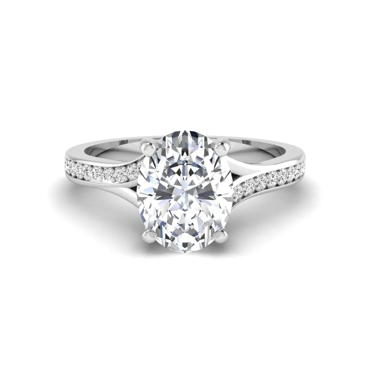 IGI Certified 1.86 carat Oval cut lab grown diamond solitaire engagement ring with round pave diamond band in white gold.