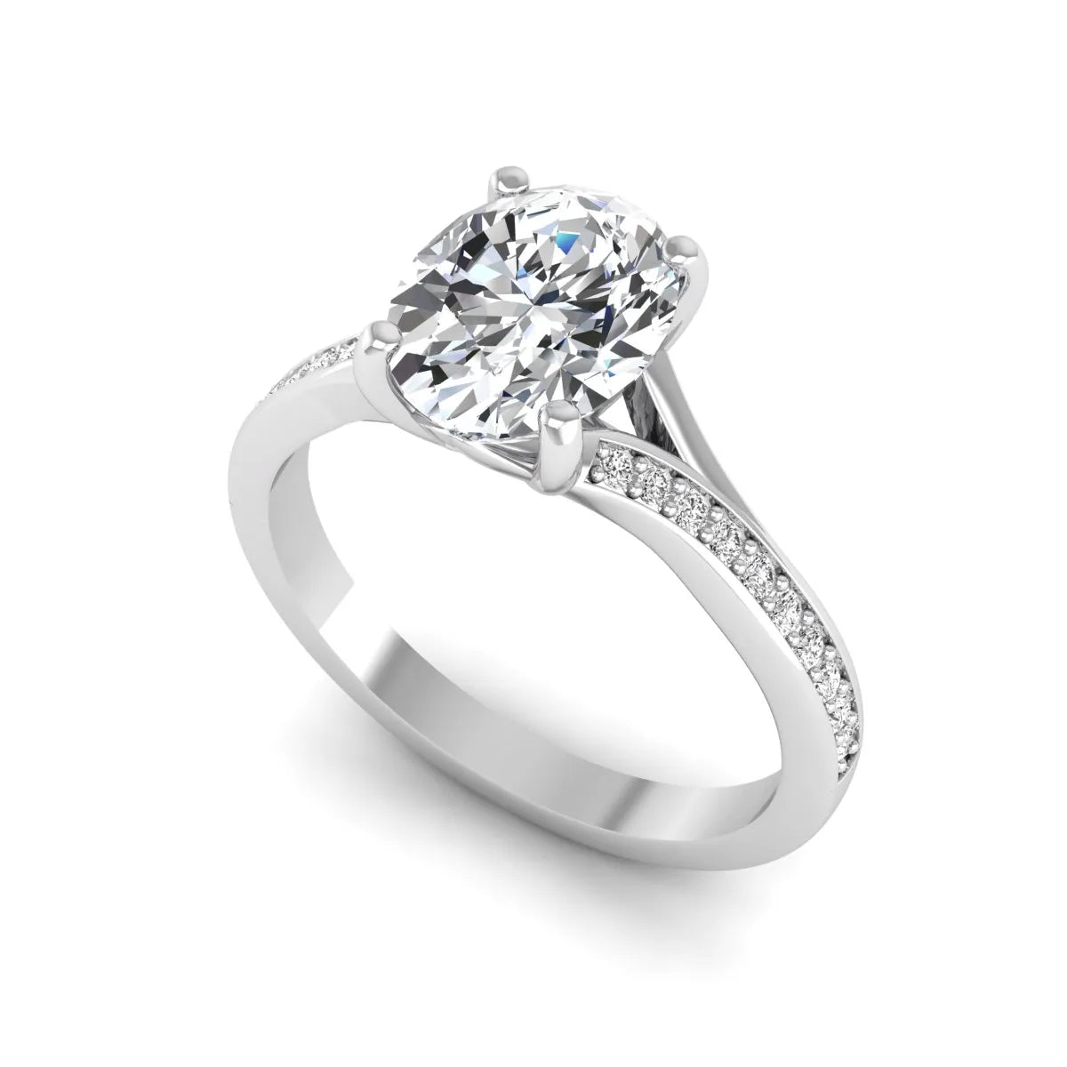 IGI Certified 1.86 carat Oval cut lab grown diamond solitaire engagement ring with round pave diamond band in white gold.