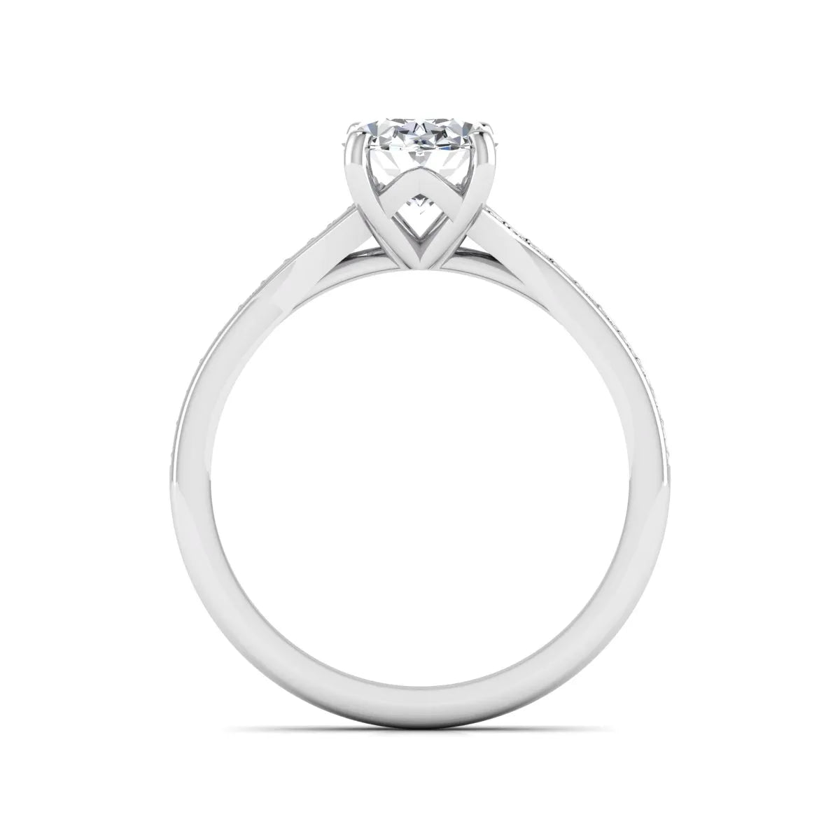 IGI Certified 1.86 carat Oval cut lab grown diamond solitaire engagement ring with round pave diamond band in white gold.